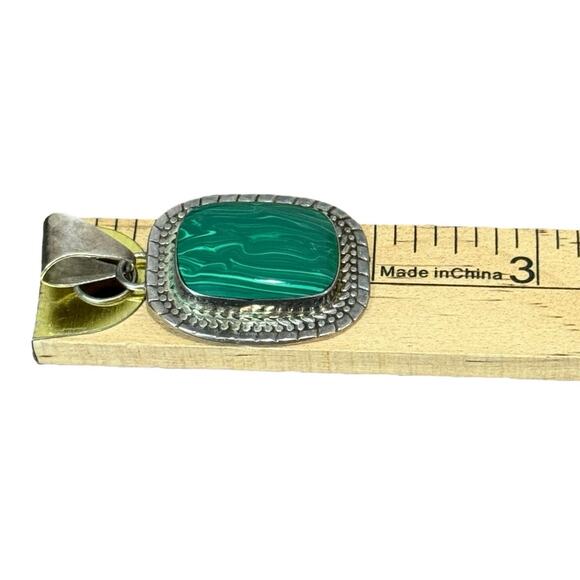 Vtg Green Malachite Stone 925 Sterling Silver Pendant Mexico ATI 2" Rectangle - Picture 6 of 8
